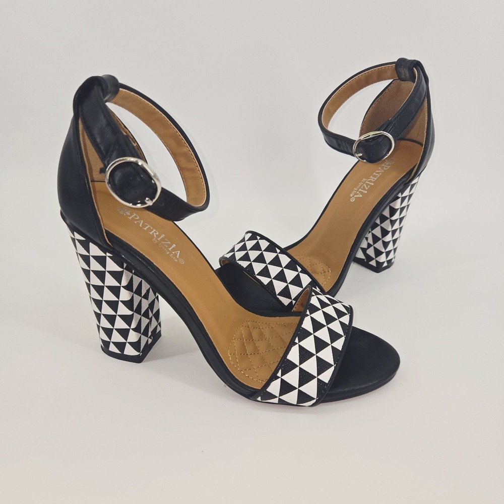 Patrizia By Springs Step Black White Check Sandals Heels Size 6.5 US Block Heel